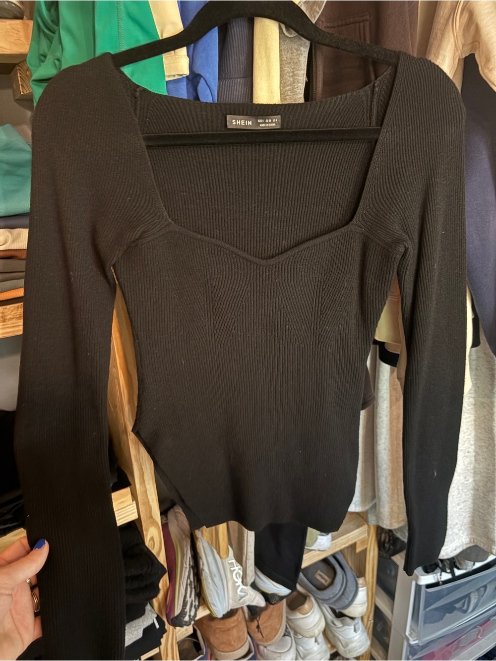 SHEIN Black Ribbed Square-Neck Long Sleeve Top